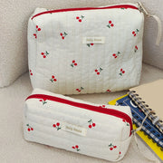 Cute Cherry Quilted Cosmetic Retro Travel & Makeup Pouch